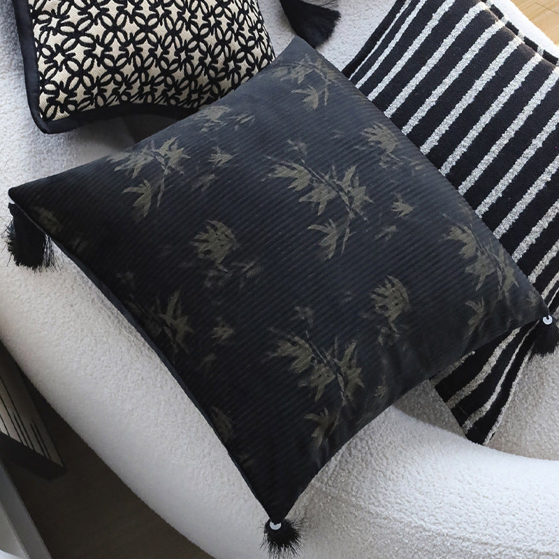Square decorative cushion made of velvet with relief longitudinal stripes and fringe tassel Stornfield