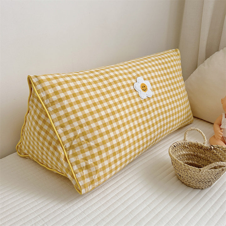 Gingham Bolster Nursery Pillow with Embroidered Daisy Appliqué Cotton Cover