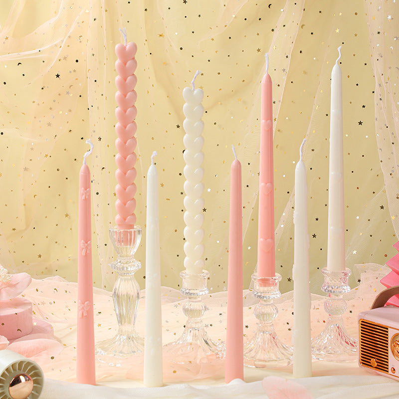Embossed Bow-Accent Long Taper Candle Pair for Table Centerpiece