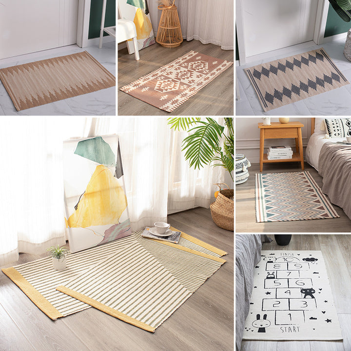 Flat-woven kilim rug with geometric ethnic pattern