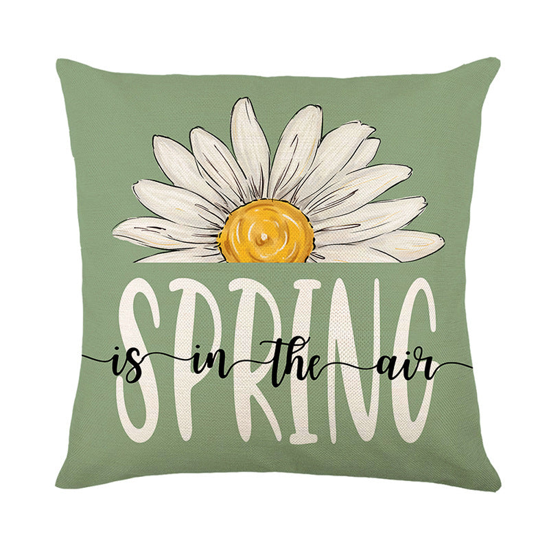Botanical Daisy Spring Typography Linen-Texture Square Pillow Cover with Concealed Zipper
