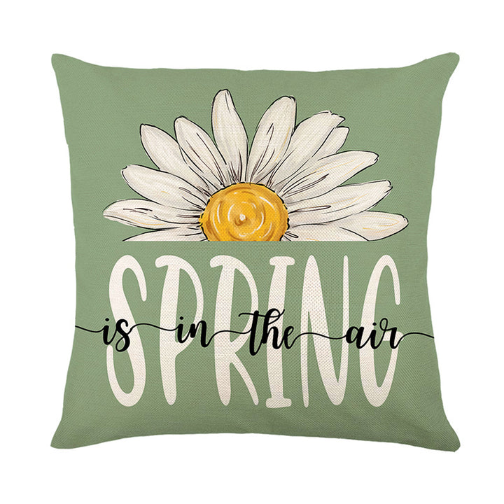 Botanical Daisy Spring Typography Linen-Texture Square Pillow Cover with Concealed Zipper