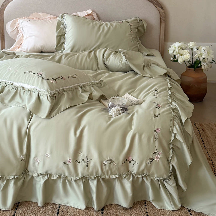 Embroidered Ruffled Satin Duvet Cover Set with Decorative Pillow Shams