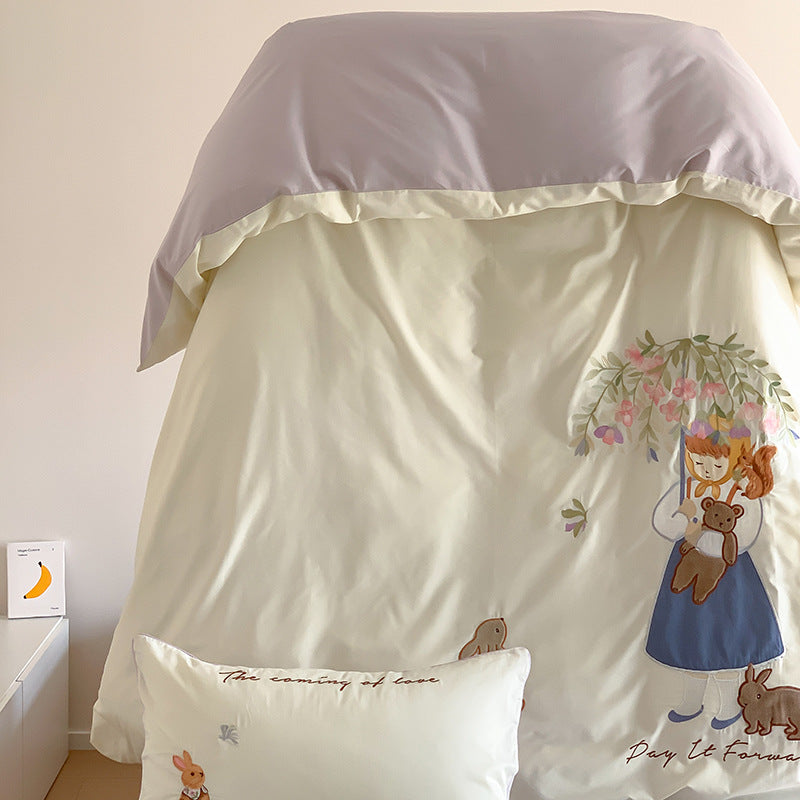 Whimsical Bunny Embroidered Cotton Duvet Cover and Pillowcase Set