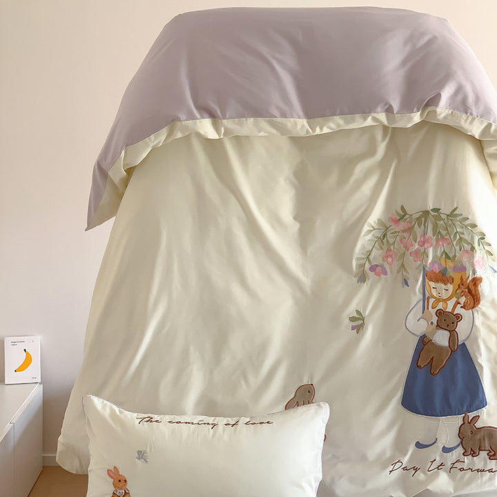 Whimsical Bunny Embroidered Cotton Duvet Cover and Pillowcase Set