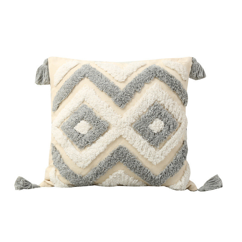 Tufted Chevron Tassel Cotton-Linen Decorative Pillow Cover