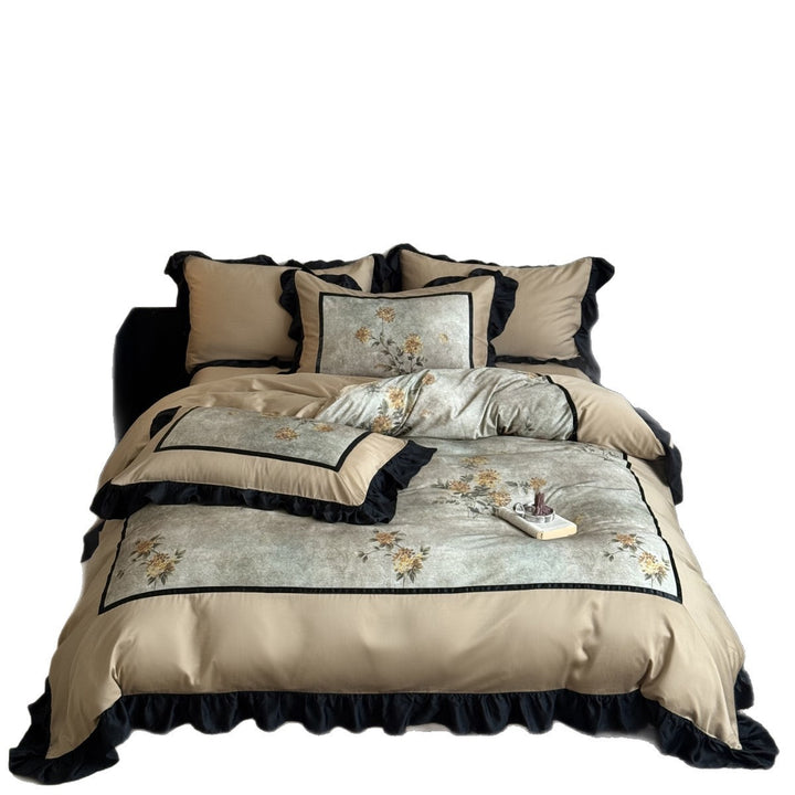 Luxury Ruffled Satin Floral Duvet Cover Set with Pillow Shams