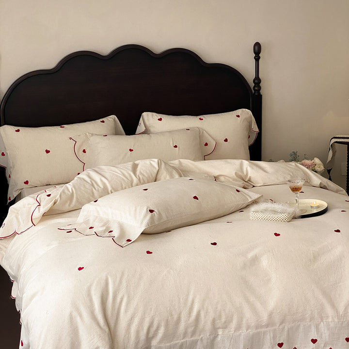 Scalloped Embroidered Heart Linen Duvet Cover Bedding Set with Ruffled Edge and Pillow Shams