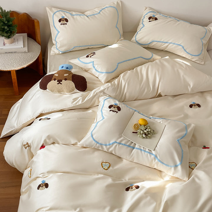 Embroidered Plush-Appliqué Cotton Sateen Duvet Cover Set with Cloud-Edge Shams