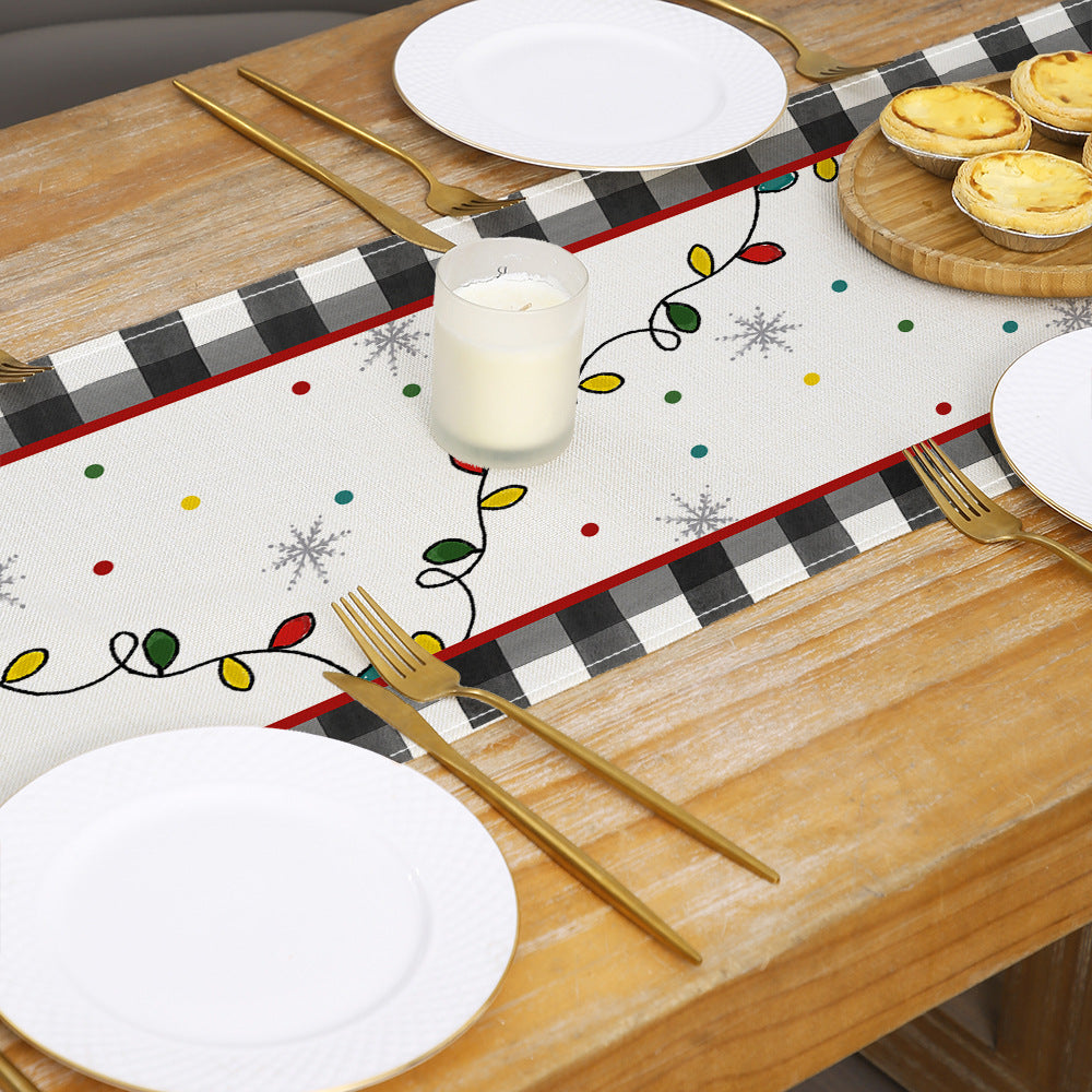 Festive Buffalo Check Cotton-Linen Table Runner with Merry Christmas Pine Design