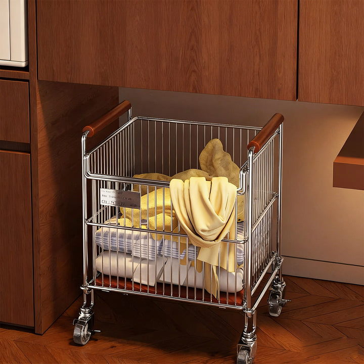 Mobile Ventilated Metal Mesh Storage Basket with Wooden Handle and Swivel Wheels