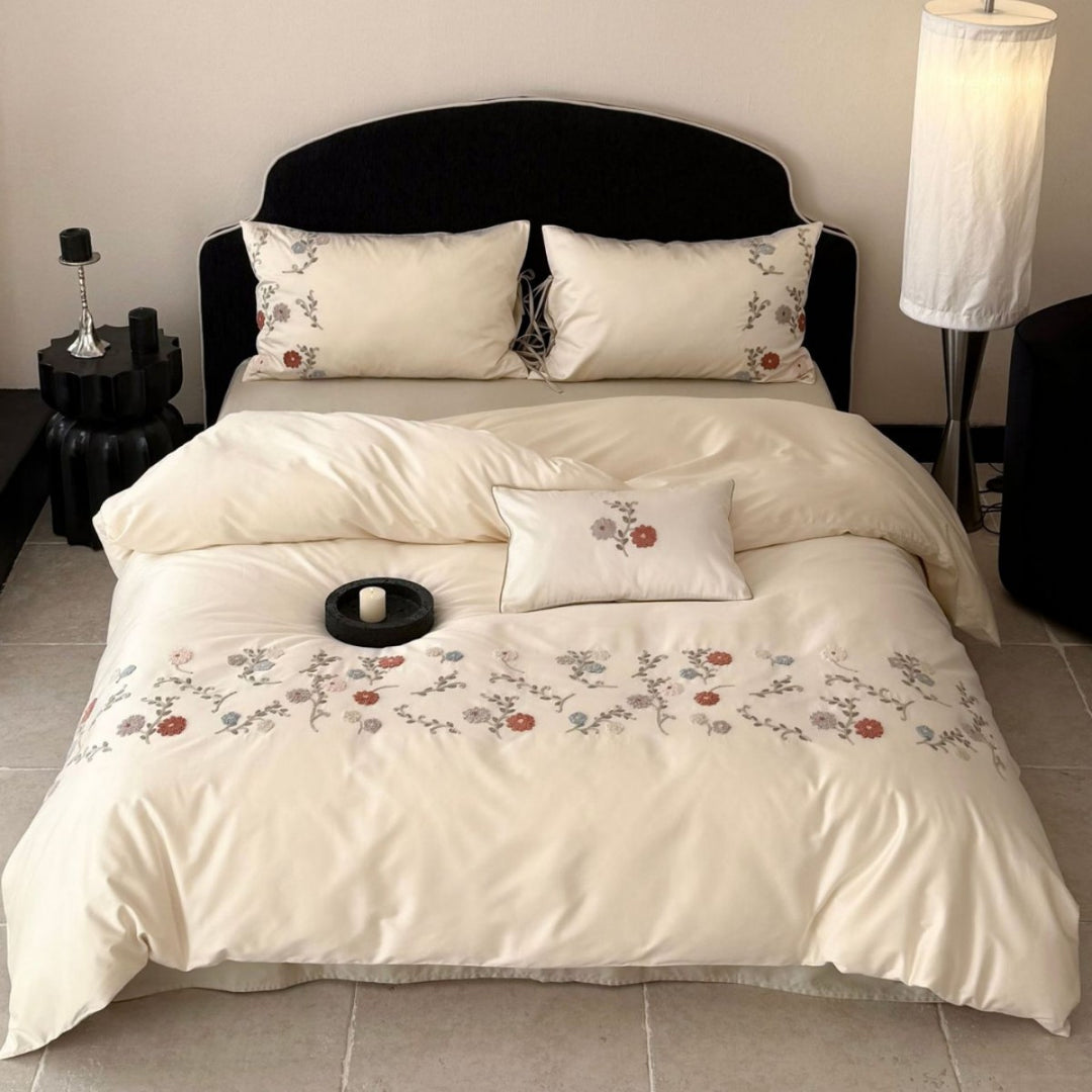 Embroidered Botanical Cotton Sateen Duvet Cover Set with Pillow Shams