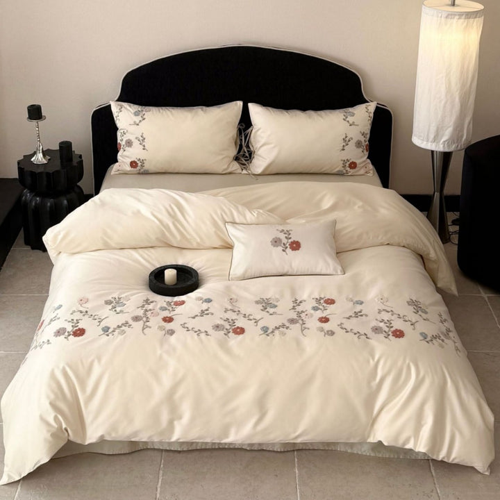Embroidered Botanical Cotton Sateen Duvet Cover Set with Pillow Shams
