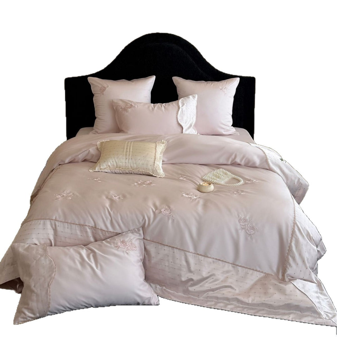 Embroidered Satin-Feel Duvet Cover & Comforter Set with Decorative Pillow Shams and Scalloped Edge