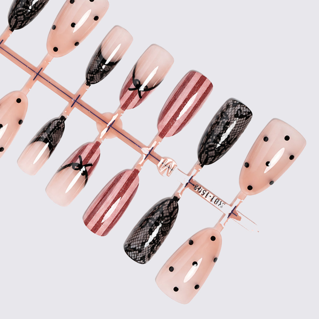 Acrylic nail set with elegant bow and lace accents Stornfield