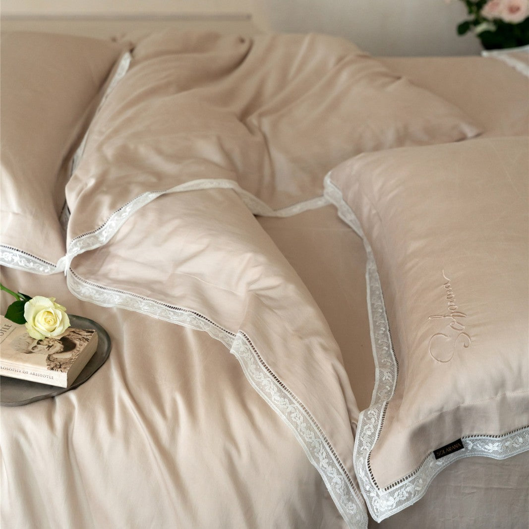 Luxury Cotton Sateen Duvet Cover Set with Embroidered Lace Hem