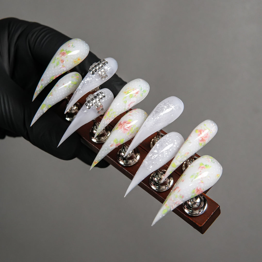 Elegant Stiletto Press-On Nail Set with Floral and Gem Accents