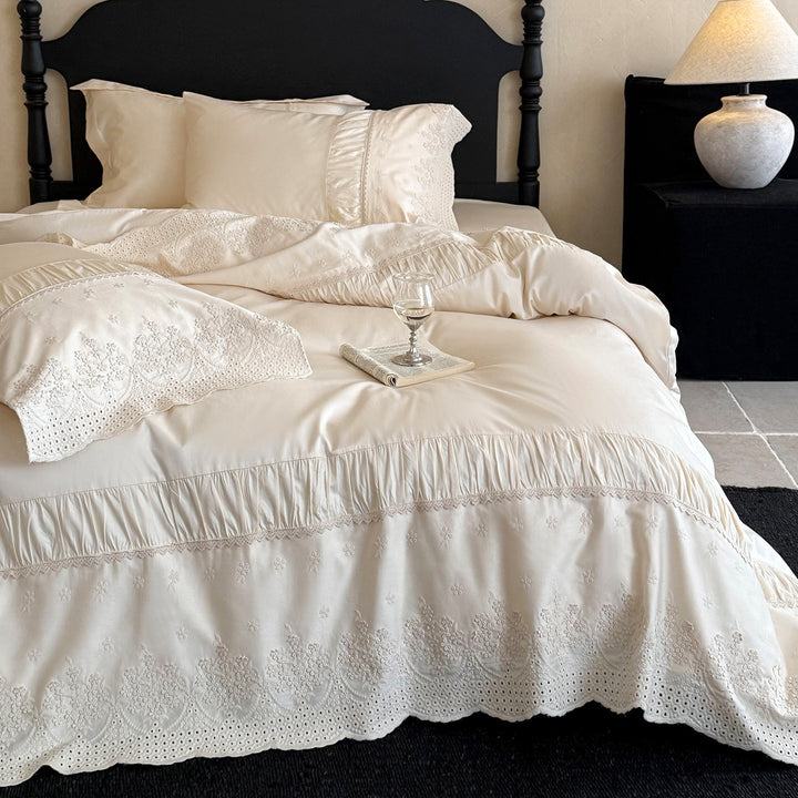 Satin-Blend Ruffle and Lace Embroidered Duvet Cover Bedding Ensemble