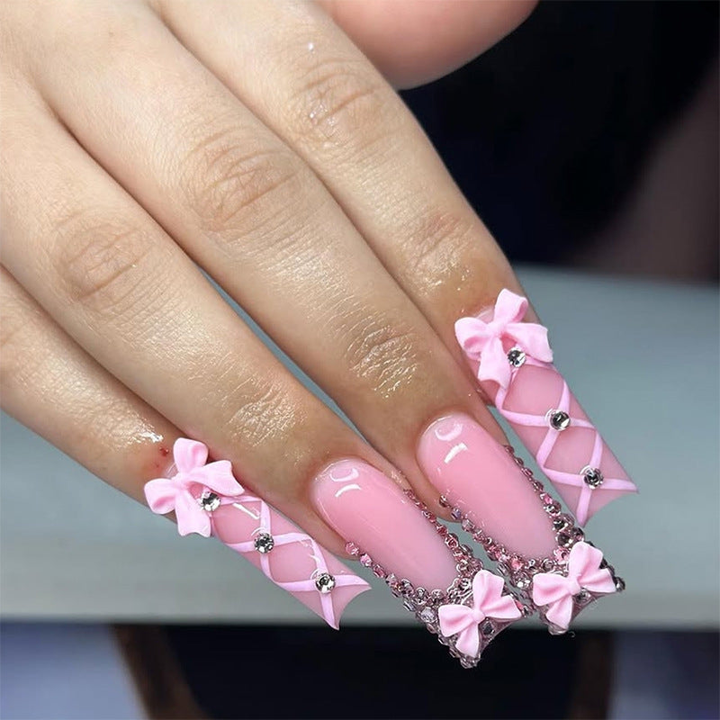 Decorative Press-On Nail Set with Elegant Bow and Gem Accents Stornfield 1788496283