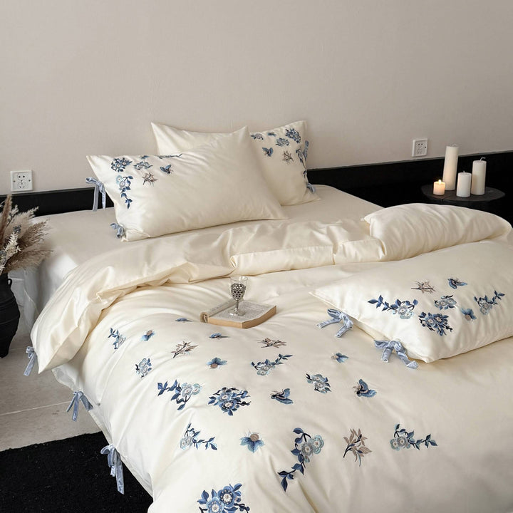 Embroidered Floral Cotton Sateen Duvet Cover Set with Velvet Tie Closures