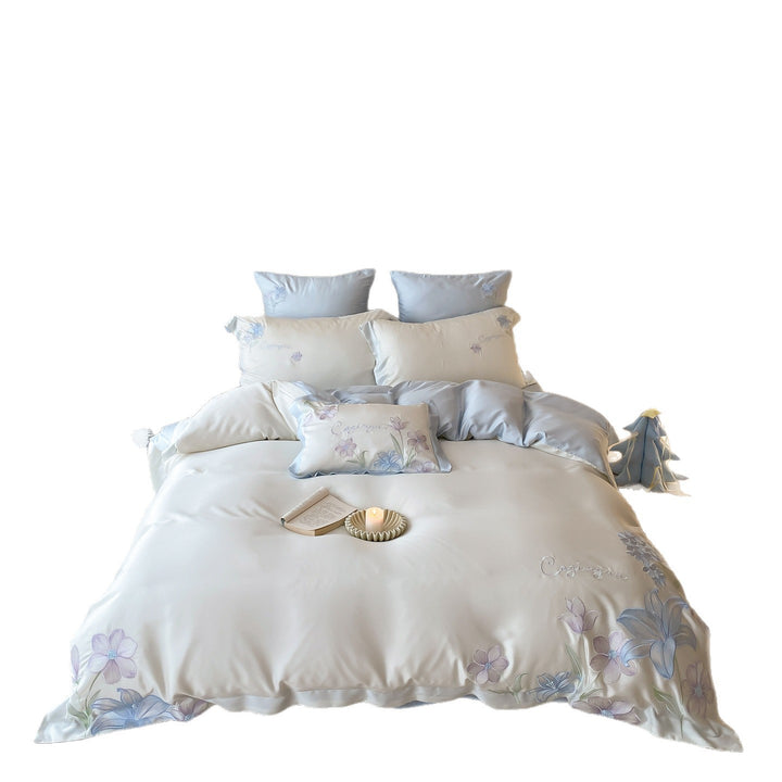 Botanical Embroidered Satin-Blend Duvet Cover Set with Pillow Shams