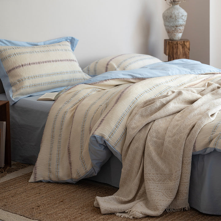 Textured Quilted Duvet Cover Set with Striped Woven Panel and Envelope Shams