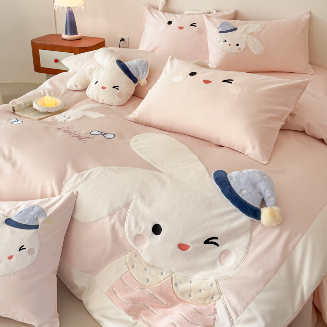 Cute Bunny Embroidered Cotton Sateen Duvet Cover Set with Plush Appliqué & Ear Pillow Shams