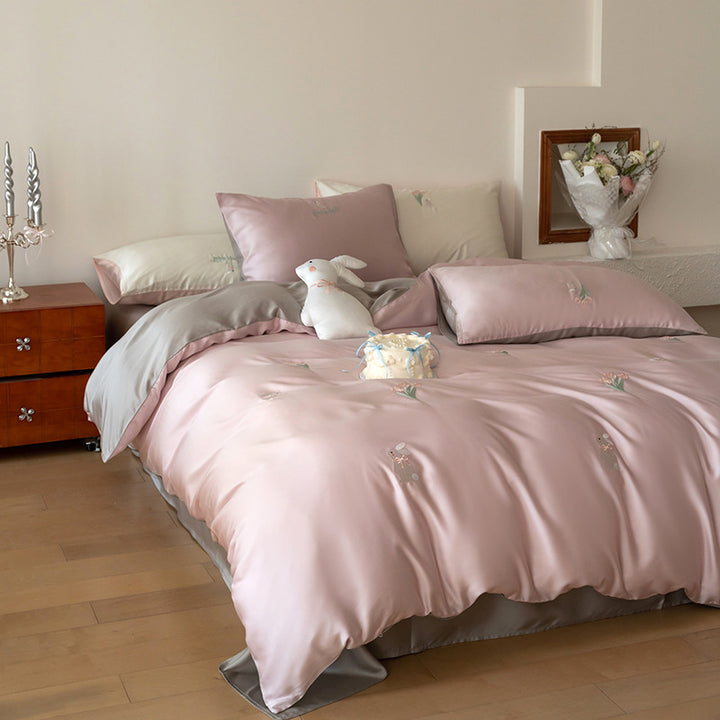 Silky bedding set with butterfly and rose embroidery