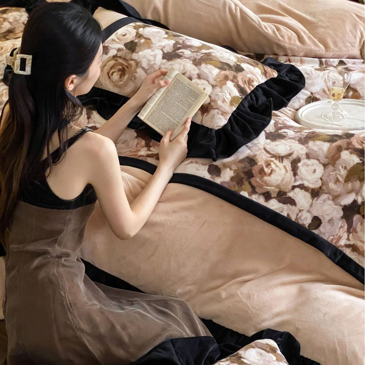 Floral Velvet-Trim Duvet Cover Set with Ruffled Edges and Euro Pillow Shams