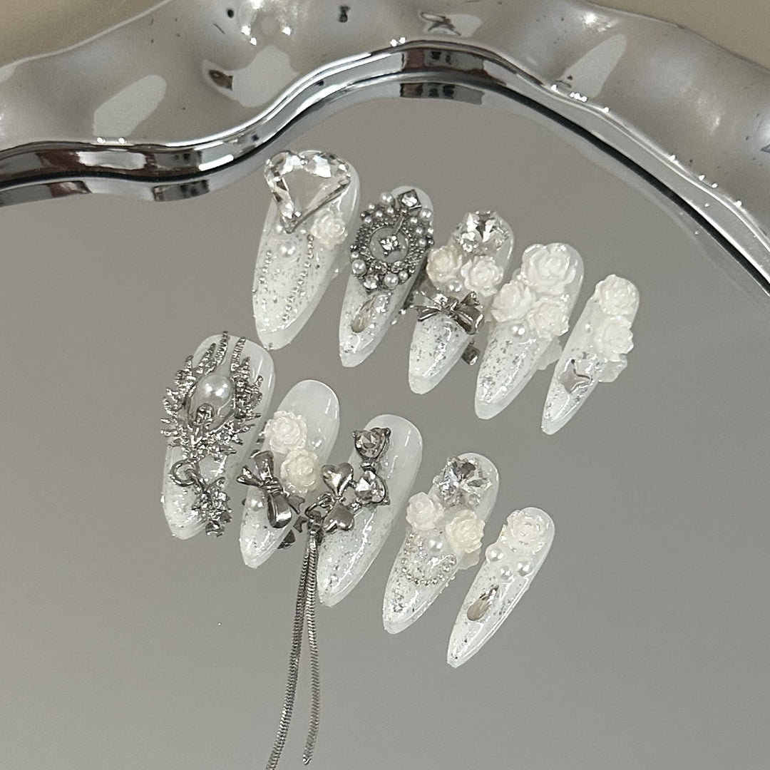 Elegant 3D Floral Embellished Press-On Nail Set