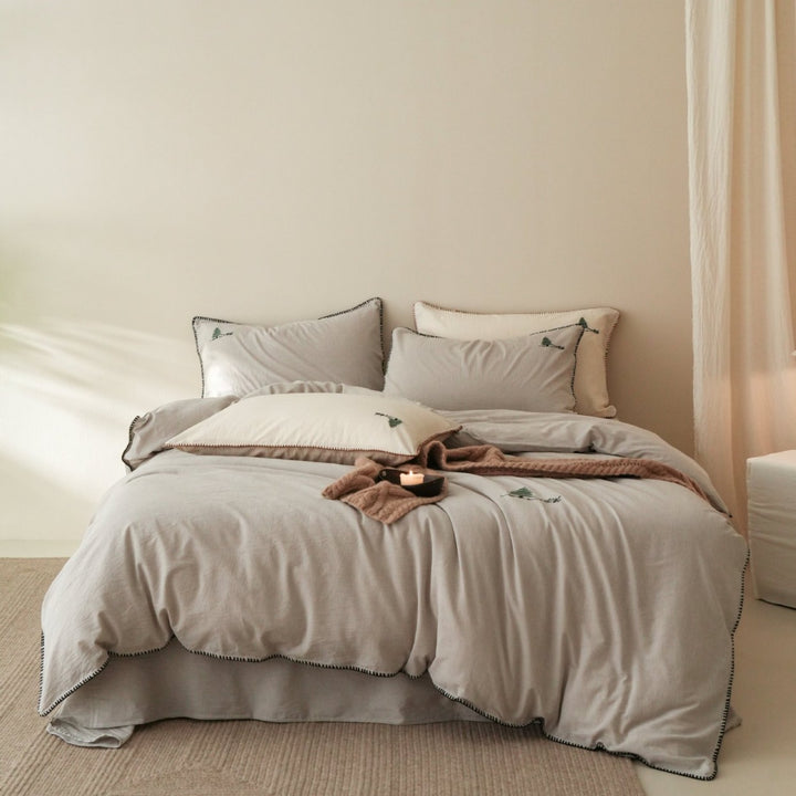 Stonewashed Cotton Duvet Cover Set with Blanket-Stitch Edge and Mini Tree Embroidery
