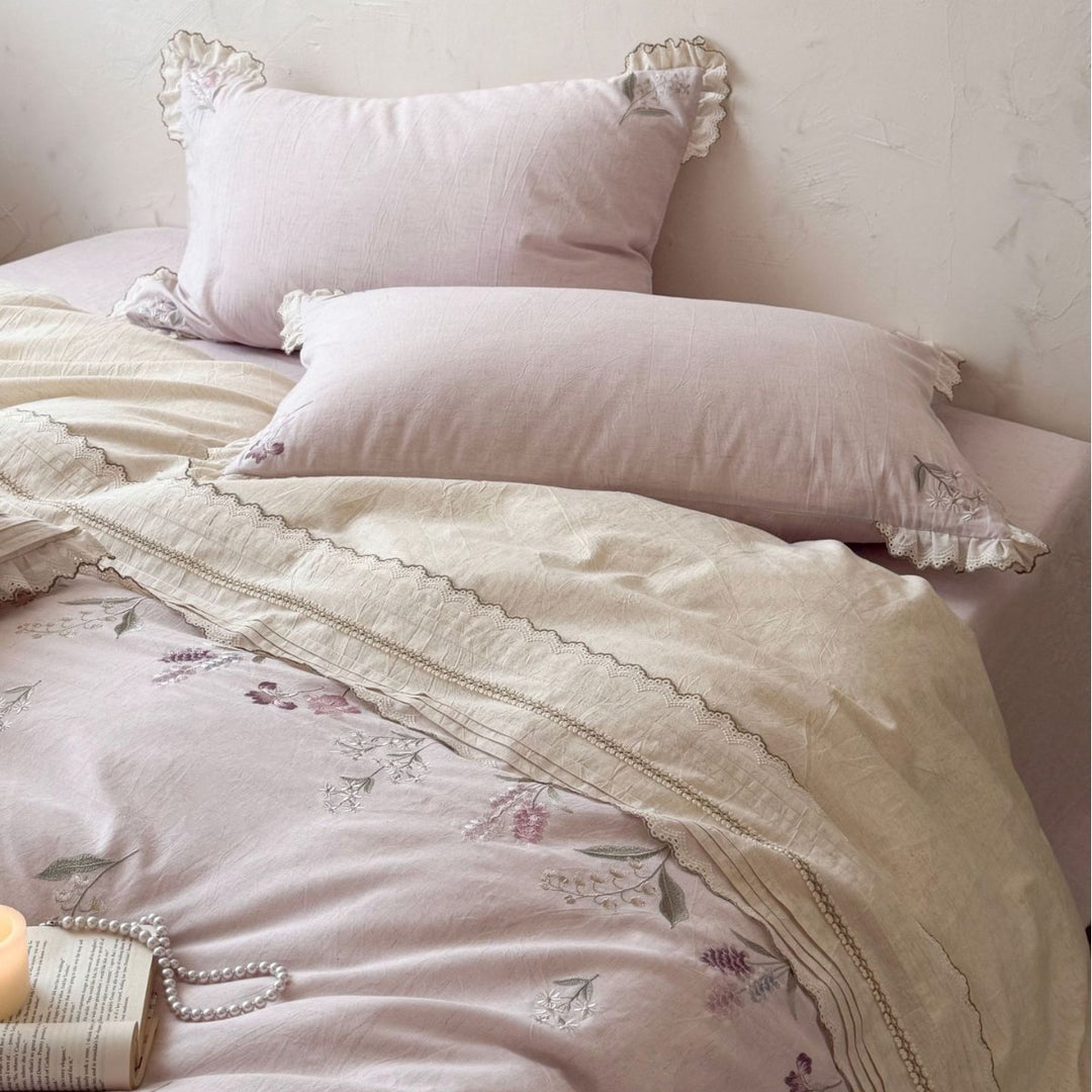 Embroidered Floral Linen-Cotton Duvet Cover Set with Ruffled Pillow Shams