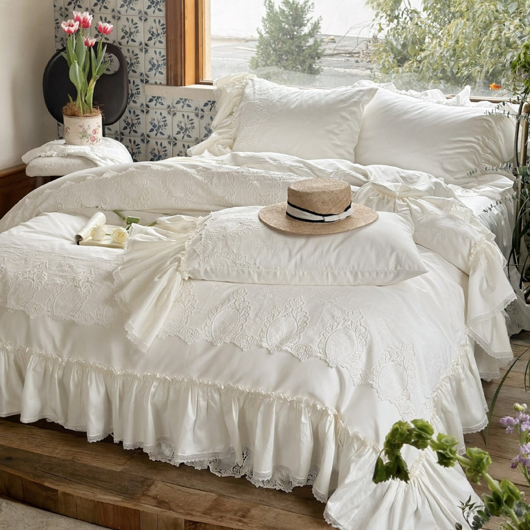 Romantic bedding set with lace embroidery, ruffle and gathered bedskirt