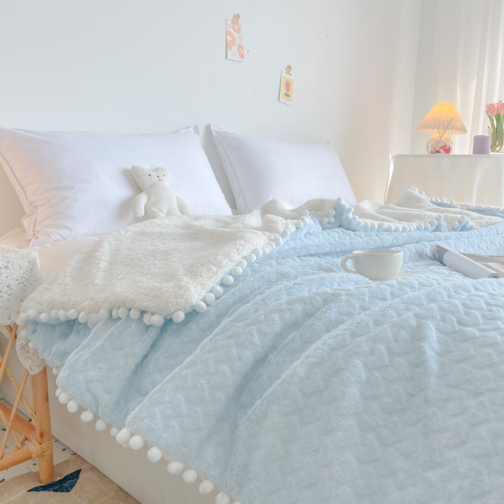 Plush Reversible Sherpa Throw Blanket with Pom-Pom Edge