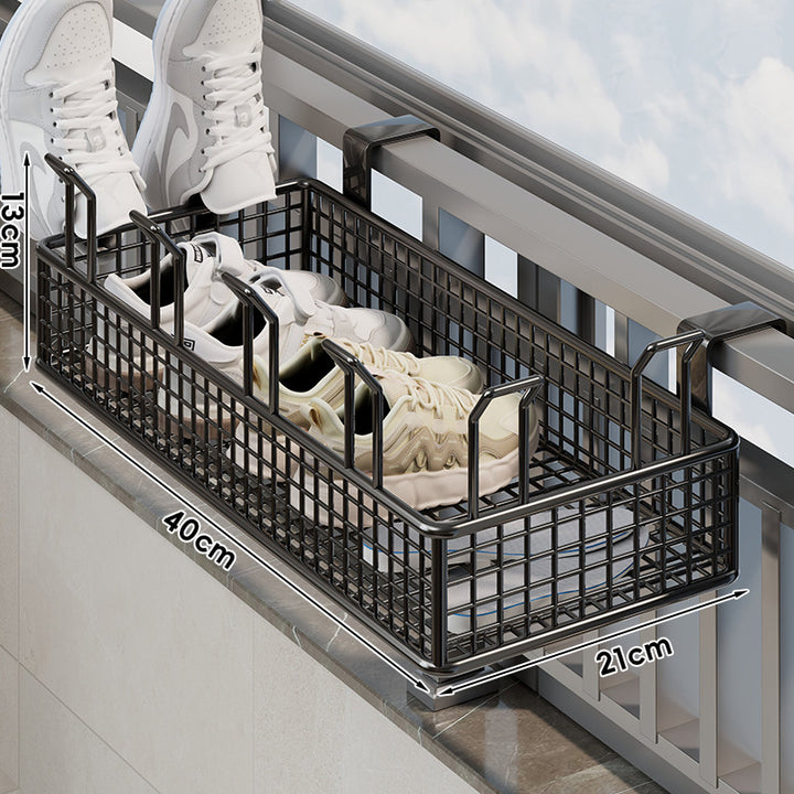 Window-Rail Hanging Shoe Storage Basket with Ventilated Grid and Adjustable Clamp Hooks