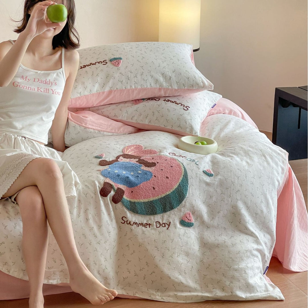 Playful Tufted Appliqué Cotton Duvet Cover Set with Microdot Print