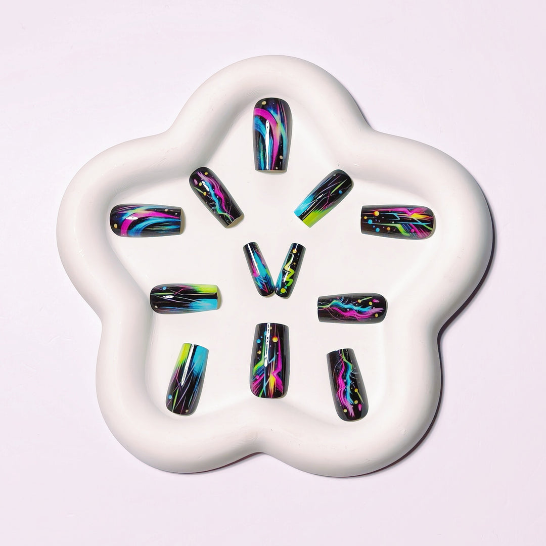 Creative artificial nails with luminous neon design Stornfield