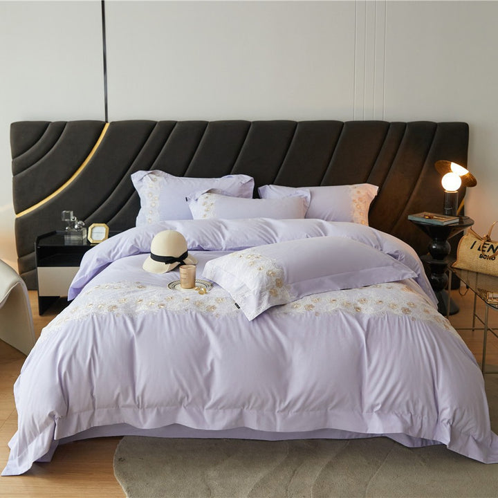 Lace-Edged Cotton Duvet Cover Set with Embroidered Panel and Pillow Shams