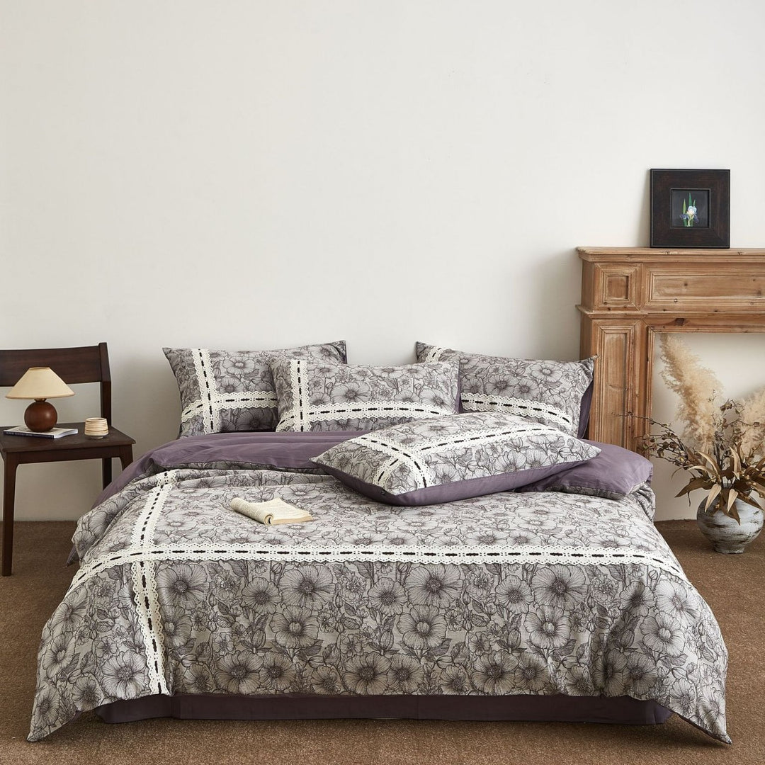 Floral Sketch Lace-Panel Reversible Duvet Cover Ensemble with Solid-Backed Pillow Shams