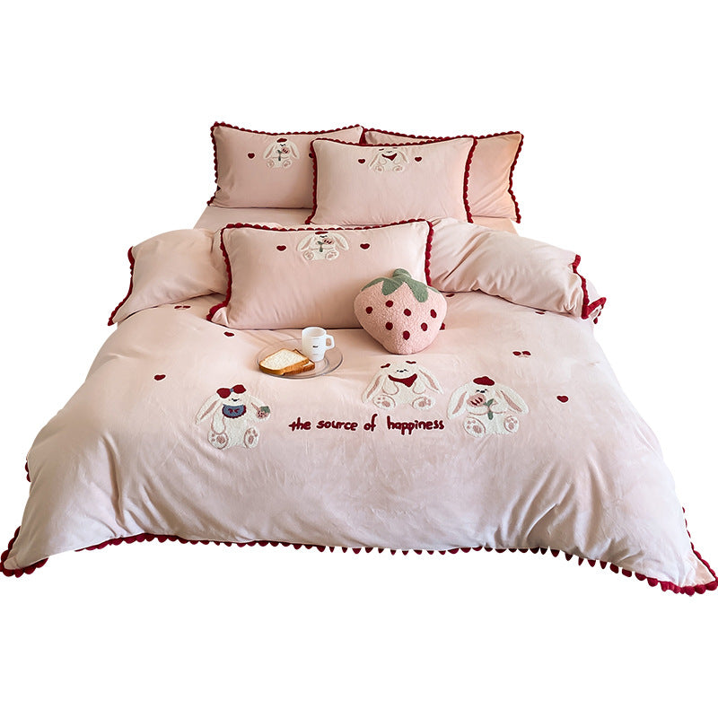 Plush Embroidered Bunny Duvet Cover Set with Pom-Pom Scalloped Trim