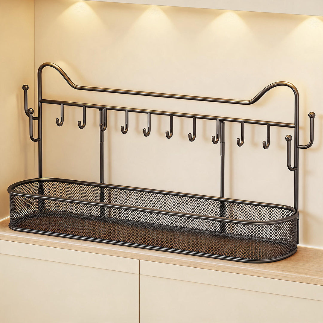 Wall-Mounted Mesh Entryway Organizer with Multi Hooks and Deep Storage Basket
