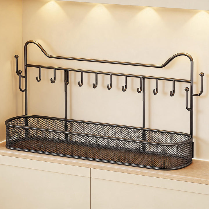 Wall-Mounted Mesh Entryway Organizer with Multi Hooks and Deep Storage Basket