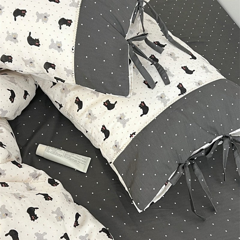 Cotton Baby Crib Bumper and Duvet Cover Set with Cat Print Tie-Closure