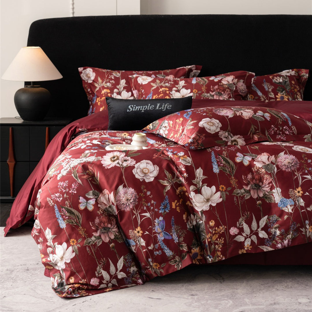 Meadow-Print Cotton Sateen Duvet Cover Set with Reversible Solid Back & Euro Shams