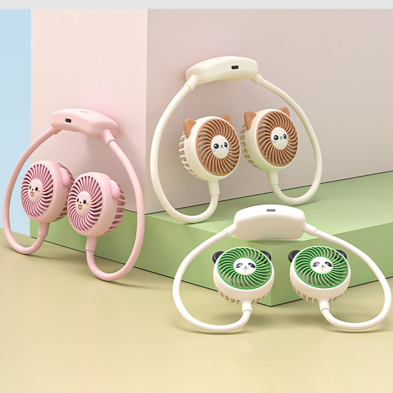 Unisex portable USB neck fan with two animal-shaped fan heads, flexible neckband, rechargeable Stornfield