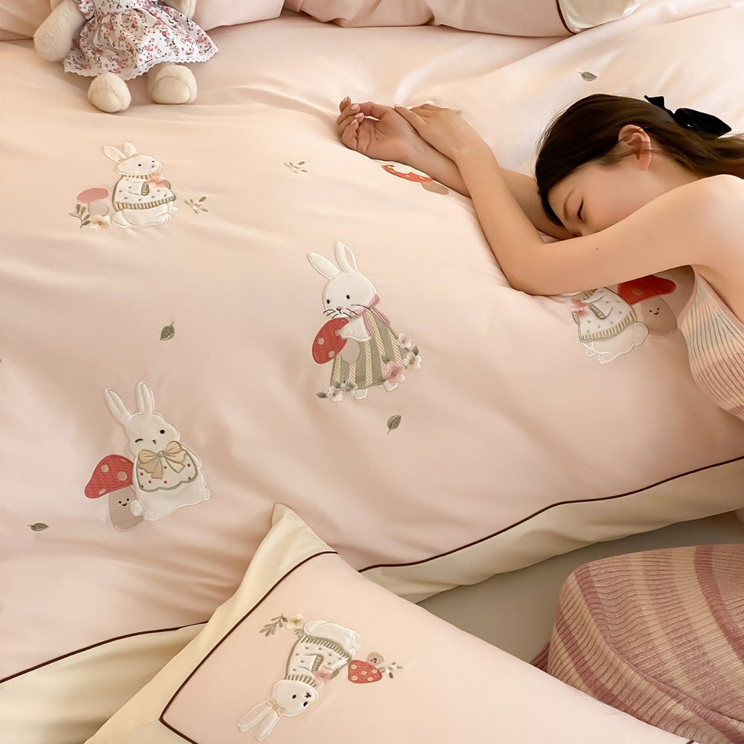 Embroidered Cotton Sateen Bunny and Mushroom Duvet Cover Set with Contrast Piping