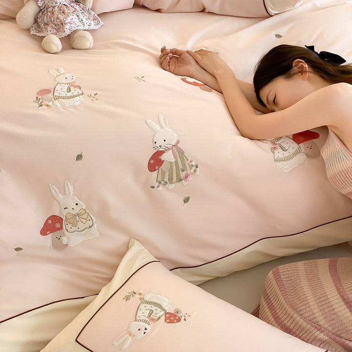 Embroidered Cotton Sateen Bunny and Mushroom Duvet Cover Set with Contrast Piping