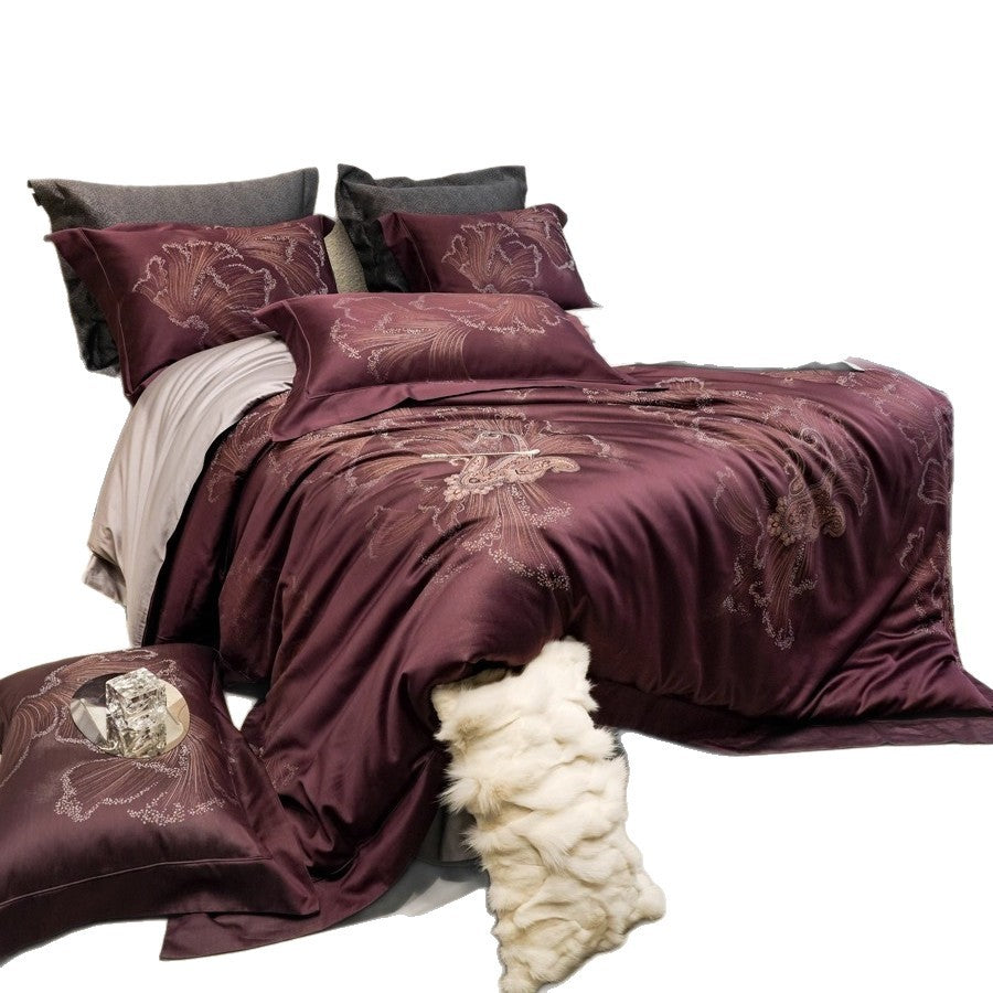 Silky Jacquard Floral-Embroidered Duvet Cover Ensemble with Reversible Sateen Back and Euro Shams