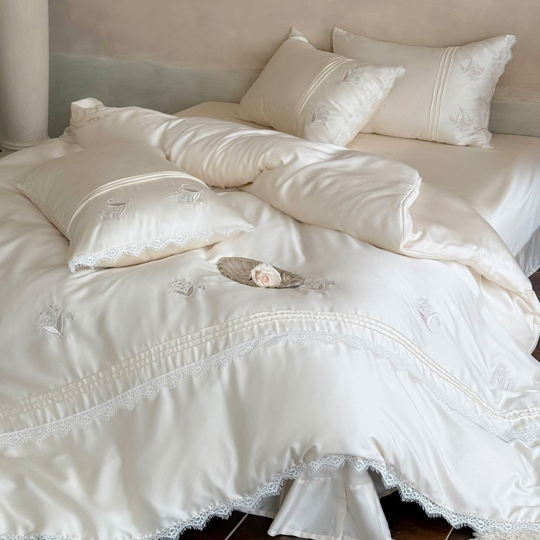 Luxe Embroidered Sateen Duvet Cover Set with Lace Trim and Tailored Bed Skirt