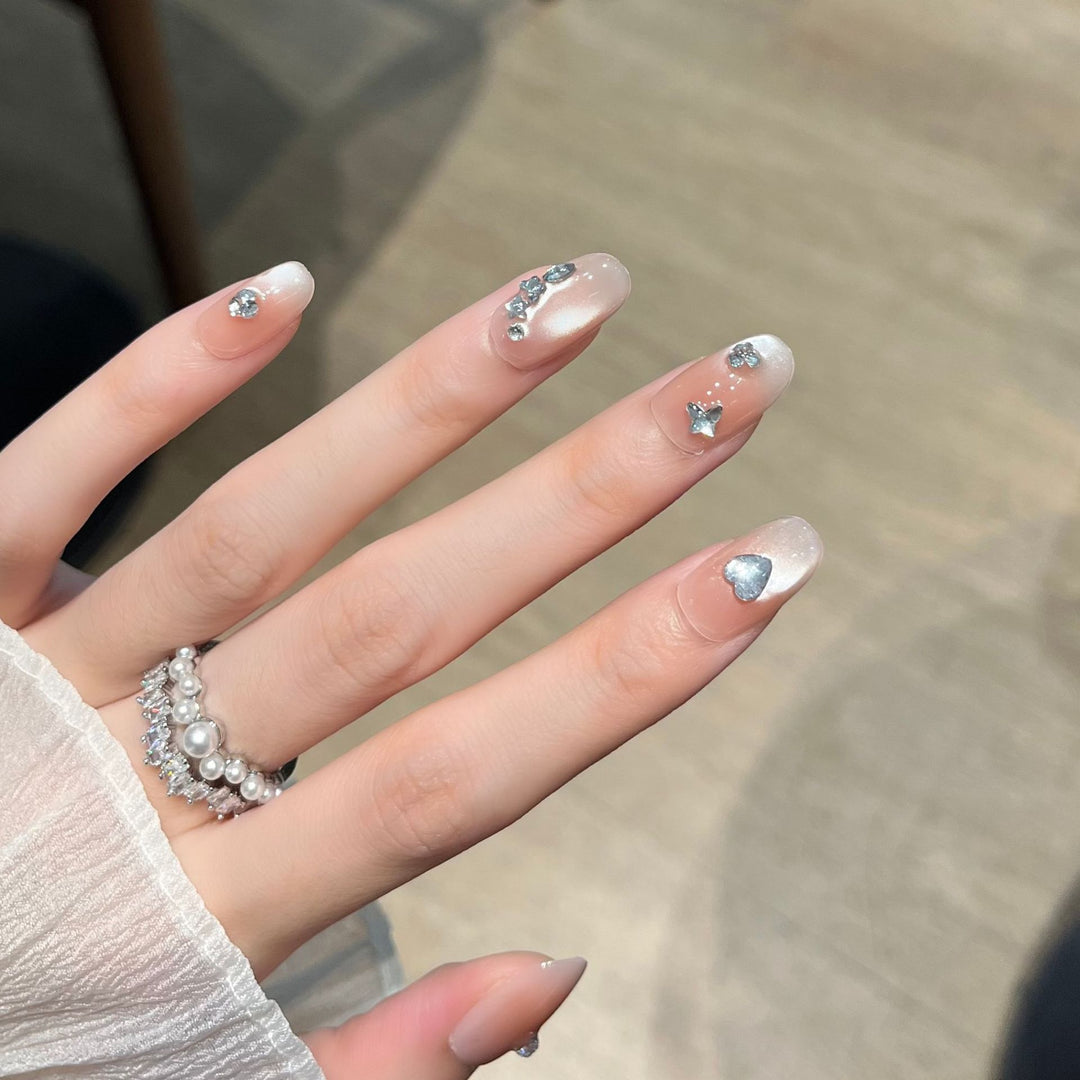 Heart-Shaped Crystal-Embellished Press-On Nail Art Stornfield